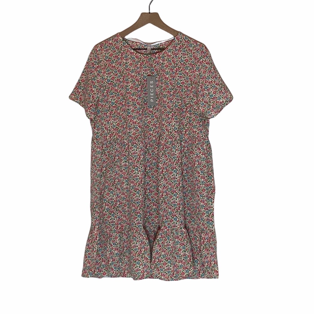 ASOS brand Pieces Tiered Smock Dress in Cream Floral